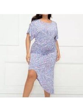 ELOQUII Elements Plus Size Ruched Dress Blue High Low Dolman Sleeve Flowy Trendy